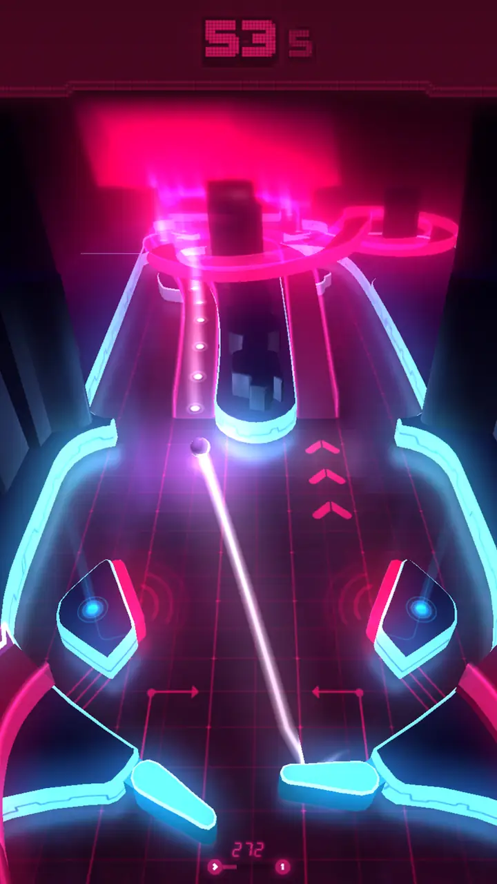 Schermata di PinOut: la pallina attraversa un tavolo al neon rosa