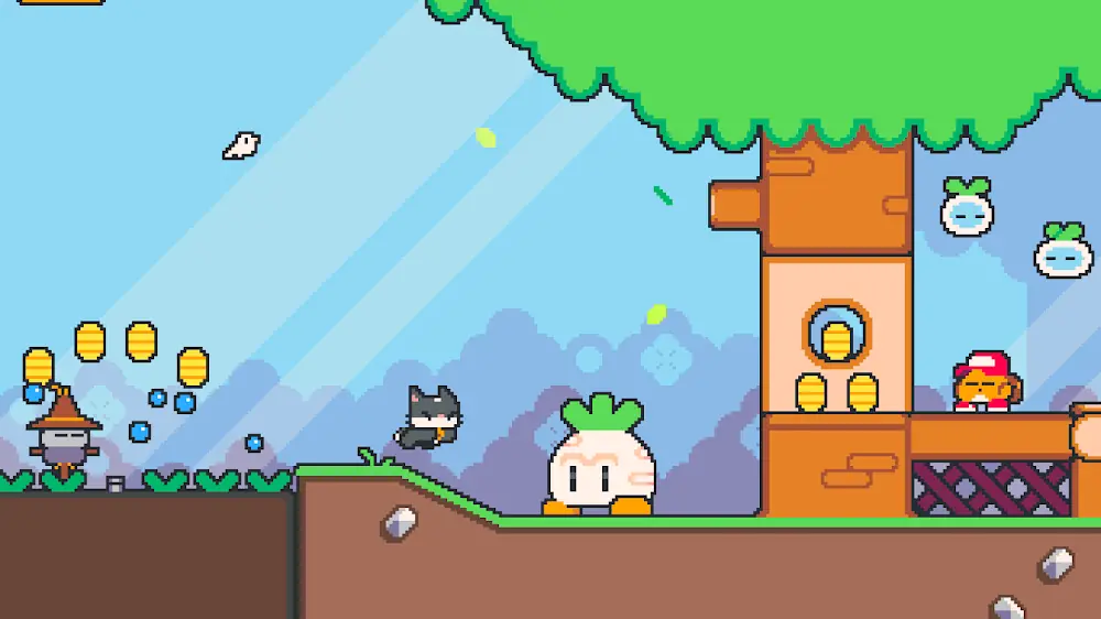 Schermata di Super Cat Tales 2: il gatto esplora un albero con monete da raccogliere