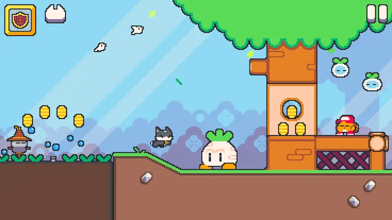 Schermata di Super Cat Tales 2: prateria in pixel art con piattaforme